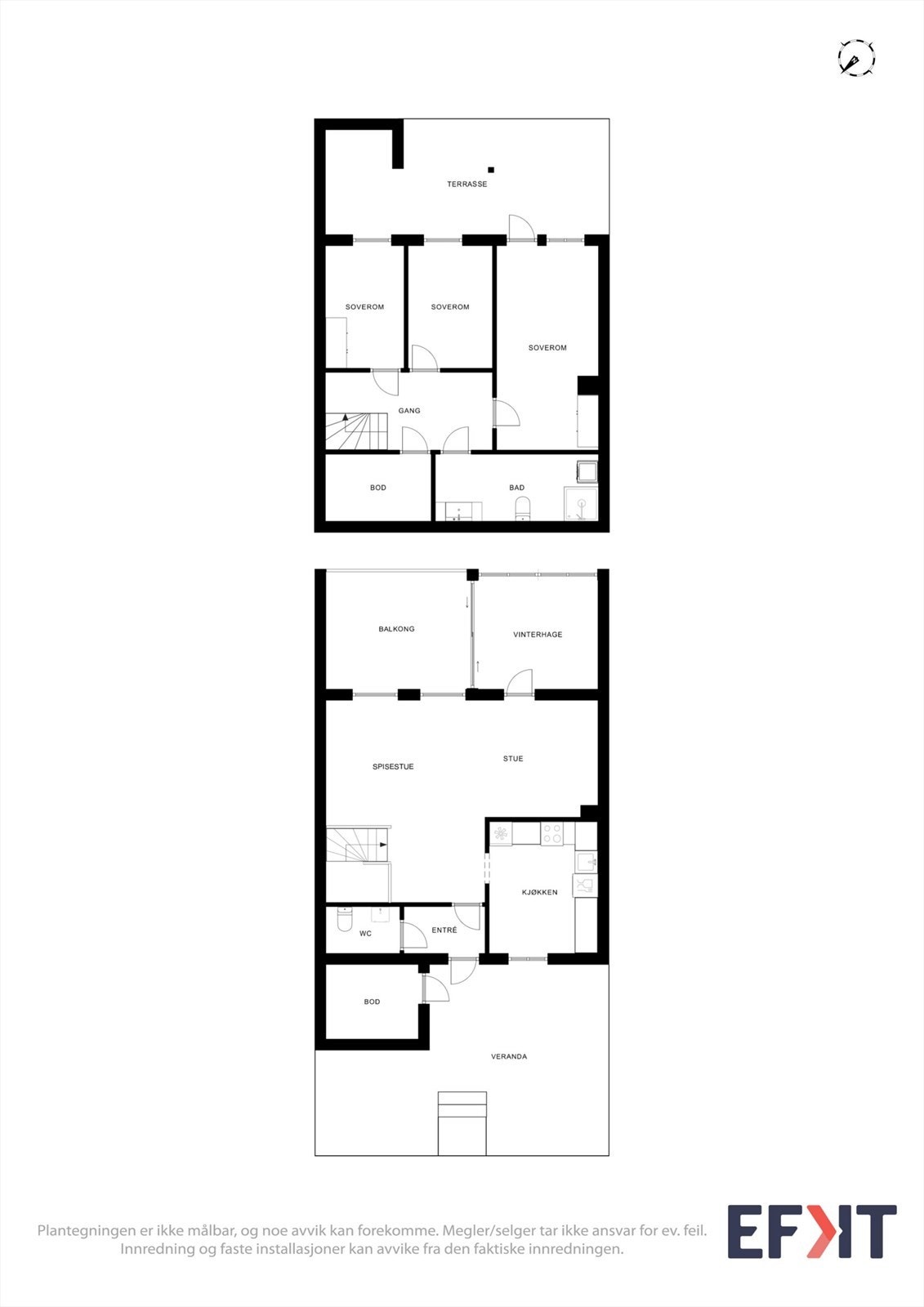 Plantegningen viser en familievennlig planløsning over to etasjer, med sosiale soner oppe og soverom nede. Galleribilde