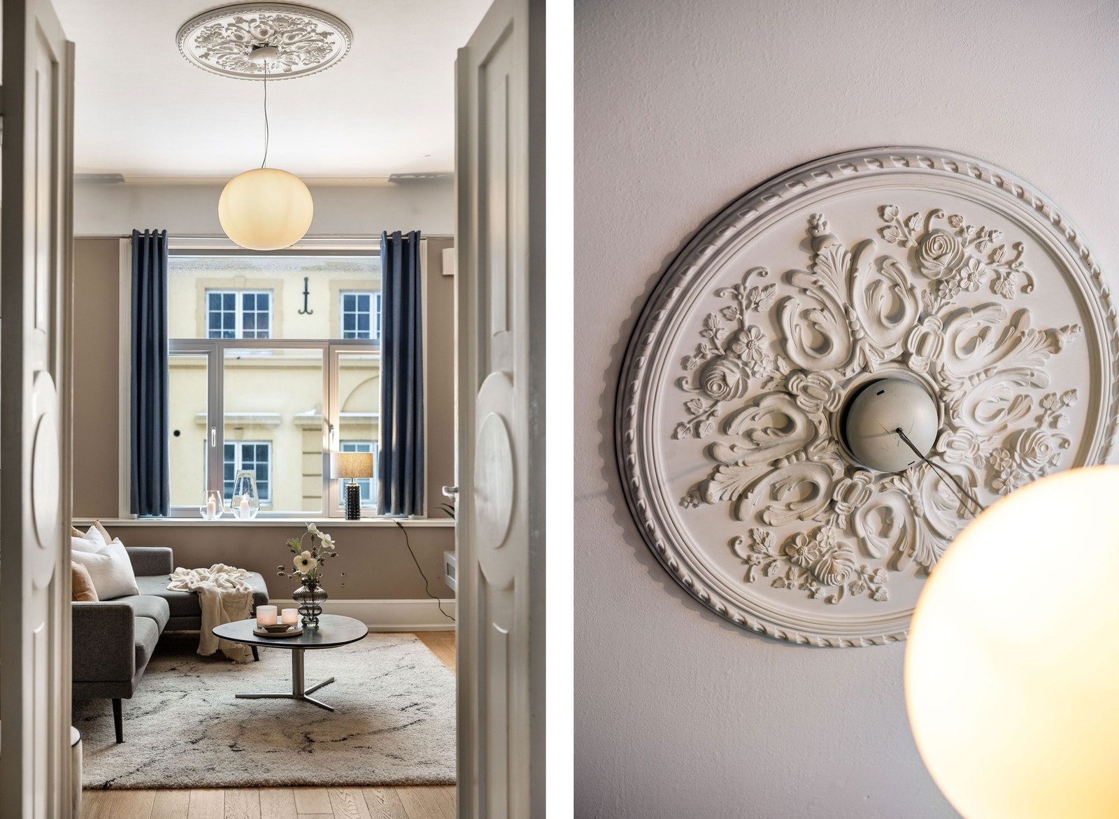 Stuen har en vakker rosett i taket og det er god takhøyder som skaper en luftig romfølelse. Galleribilde