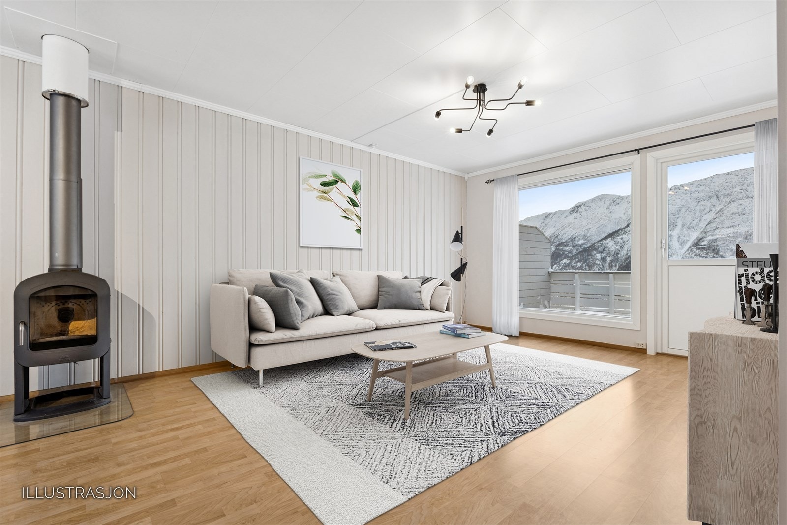 Stuen har vedovn. Utover vedovnen er stuen digitalt møblert Galleribilde