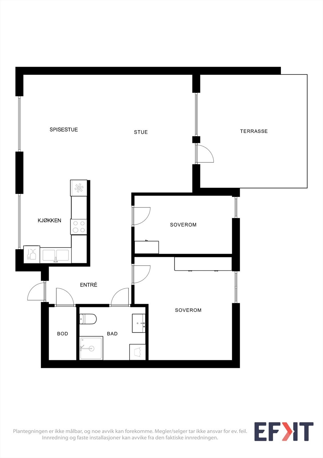 Planløsningen viser en arealeffektiv og moderne leilighet med to soverom og utgang til terrasse. Galleribilde