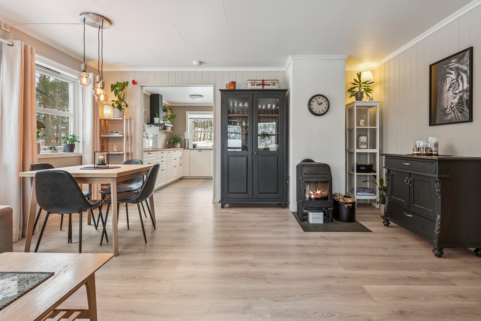 I stuen finner du en koselig peisovn med glassdør som avgir godt med varme på kalde vinterdager. Galleribilde