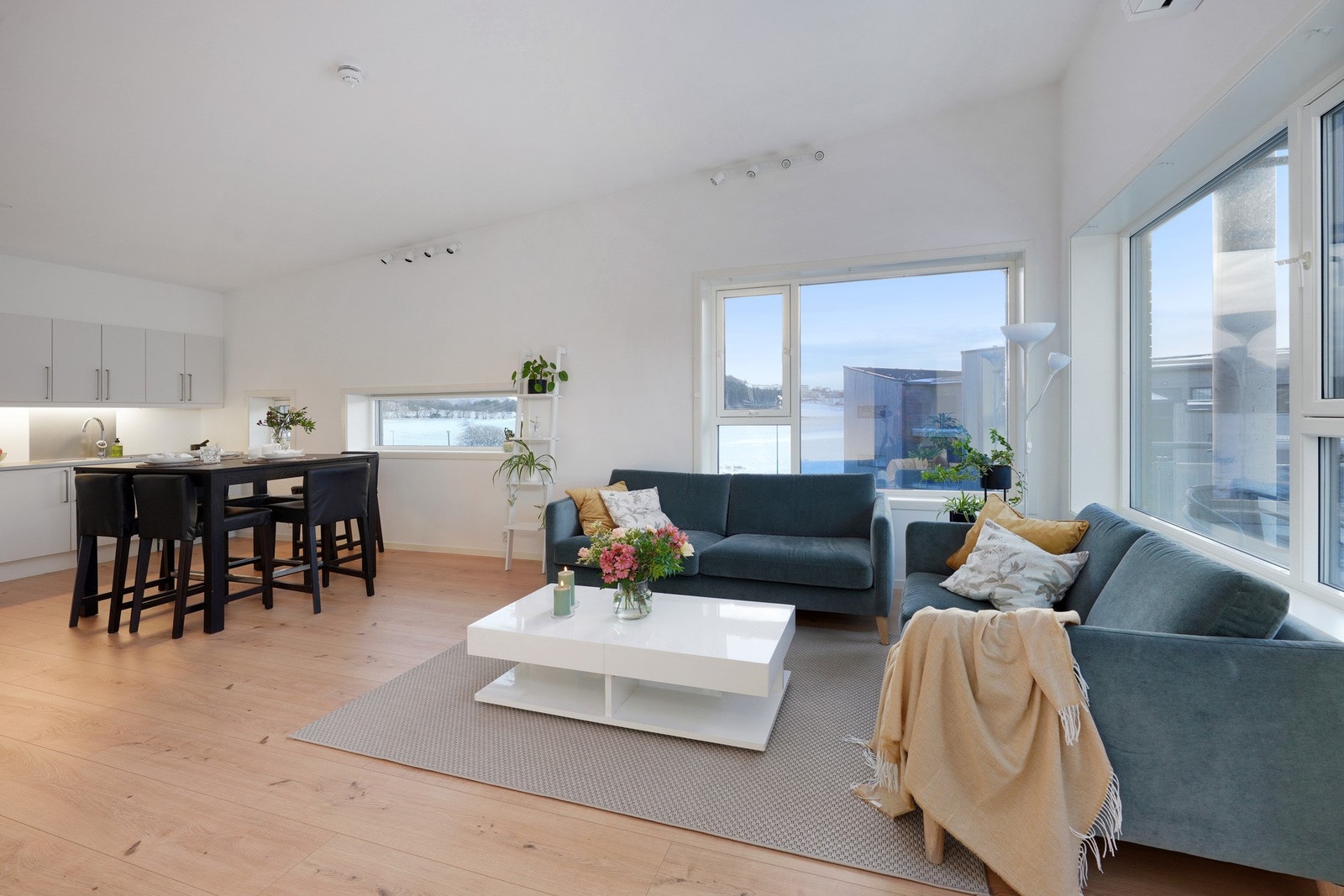 Stue med store vindusflater som fanger opp mye sollys. Galleribilde