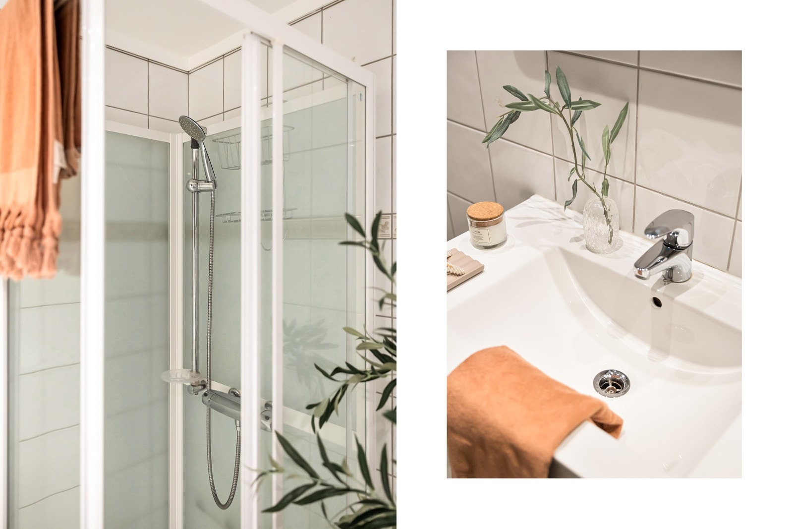 Bedet er innredet med baderomsmøbel med slette fronter, heldekkende servant og ett-greps blandebatteri, speil med belysning, gulvstående toalett, dusjkabinett og opplegg for vaskemaskin. Galleribilde