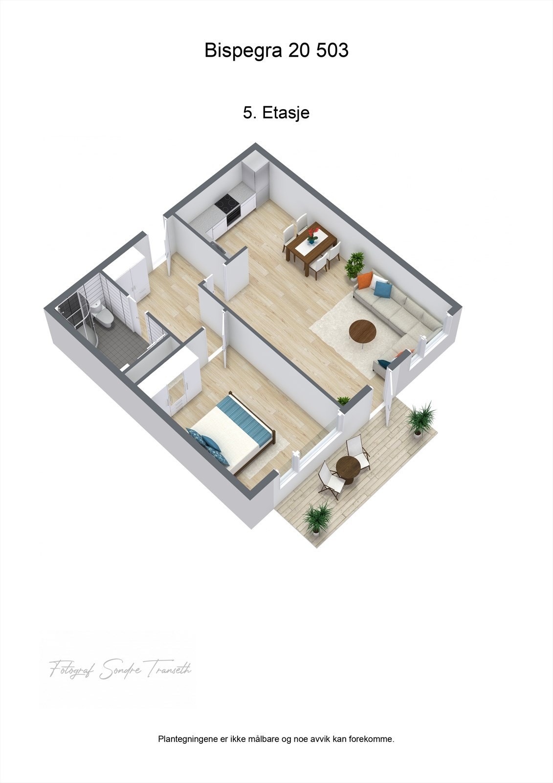 Planløsning Bispegra 20, 5.etg.: entre, bad/vaskerom, soverom, samt åpen stue/kjøkkenløsning med tilkomst til innglasset balkong. I tillegg medfølger det parkeringsplass og bod i byggets underetg. Galleribilde