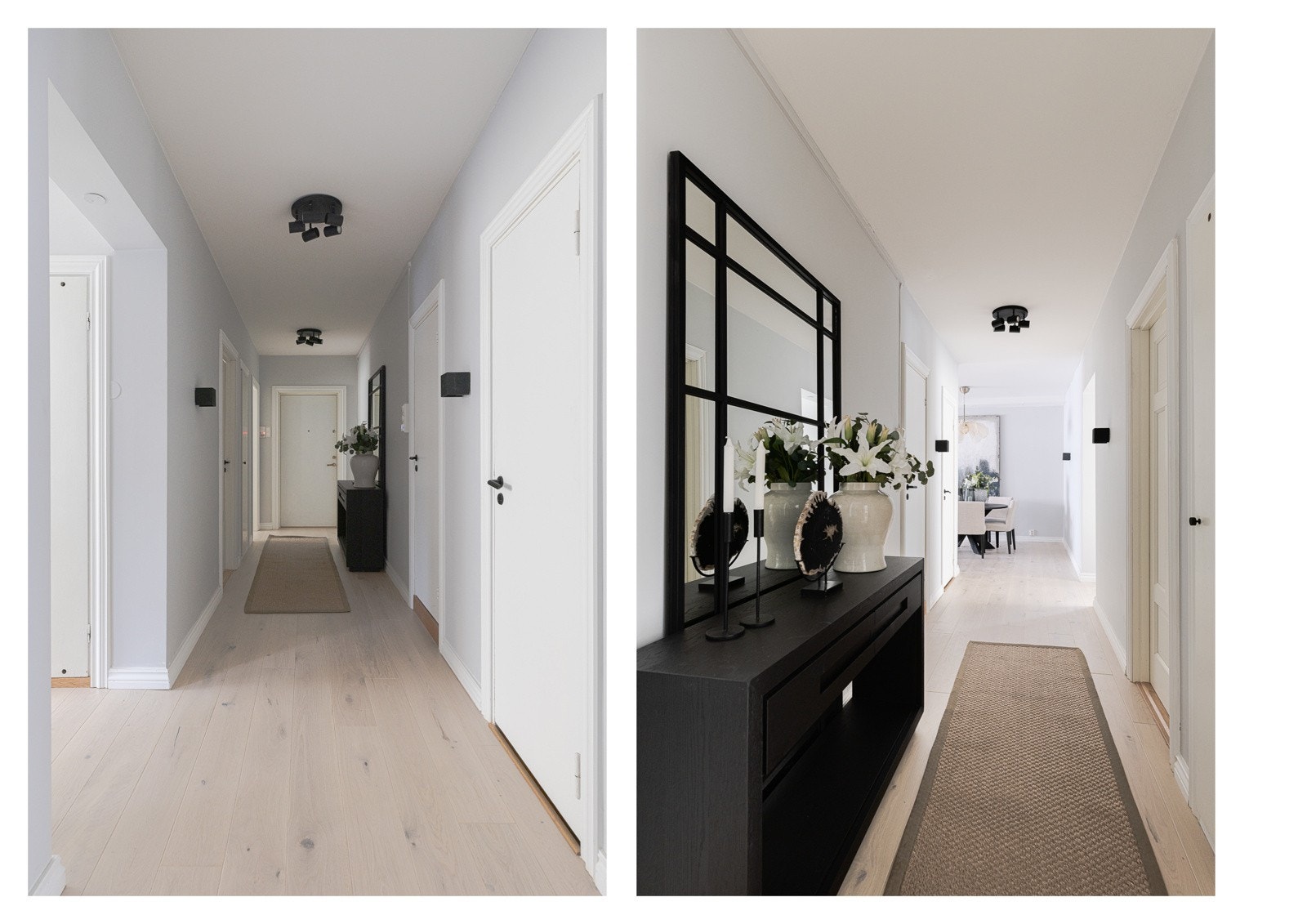 Entréen er innbydende med lysegrå veggflater, hvitmalt himling og ny eikeparkett på gulv fra 2025. Rommet har et innfelt, originalt garderobeskap, samt plass til kommode eller skap. Galleribilde