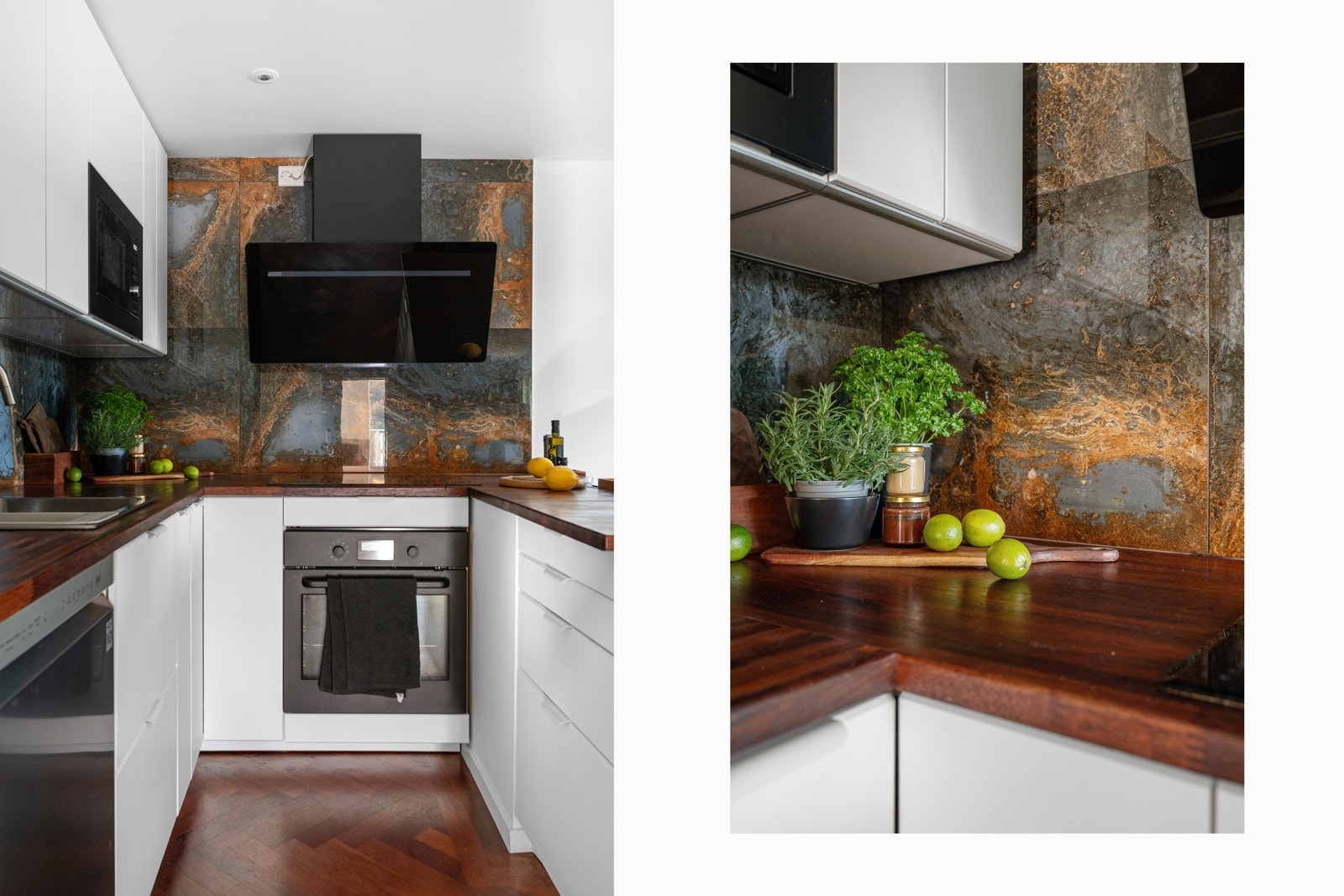 Kjøkkeninnredning med glatte fronter, fliser på vegg og benkeplate i heltre.