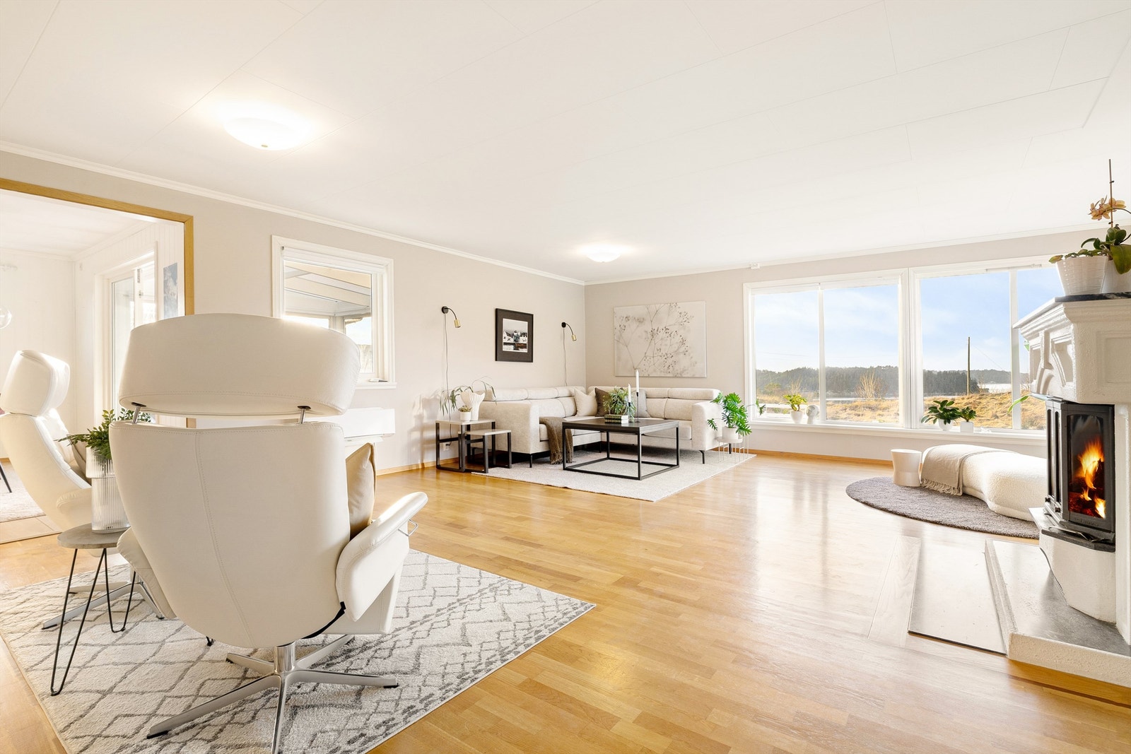 Nylig oppusset stue med lyse slette vegger som er malt i en moderne farge. Galleribilde