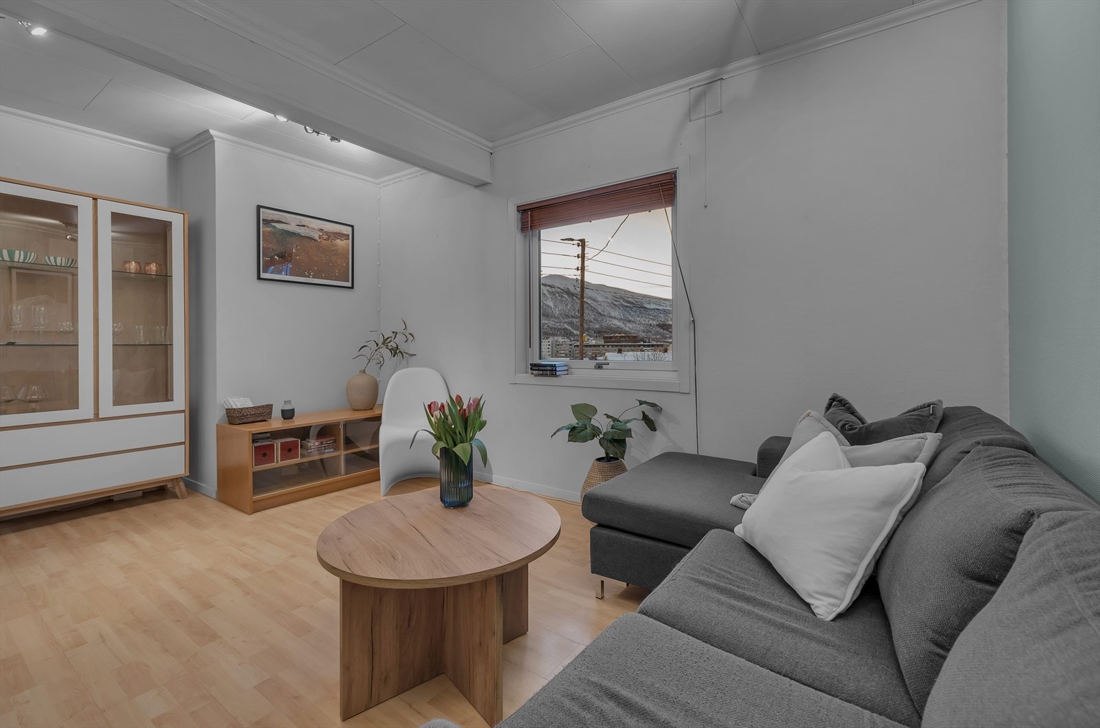 Flott utsikt til fjellene og byens tak fra stuevinduet. Galleribilde