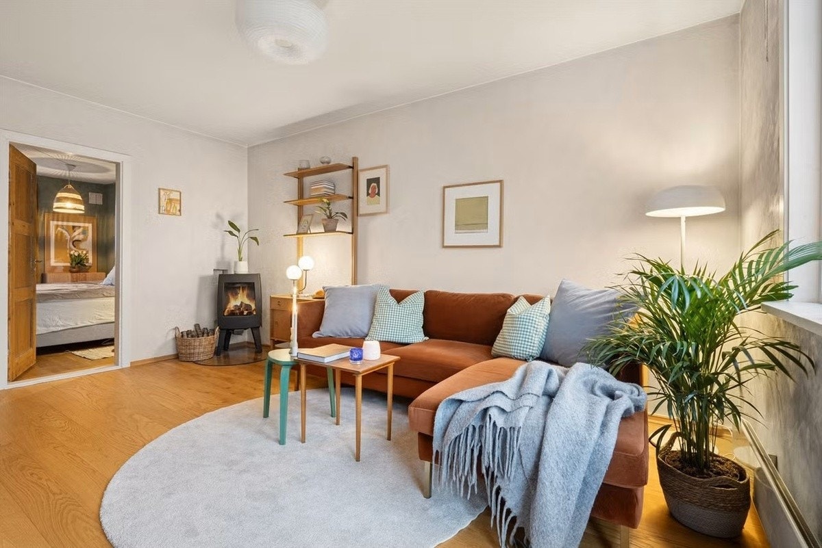 Koselig stue med peis, sofa og bokhylle Galleribilde