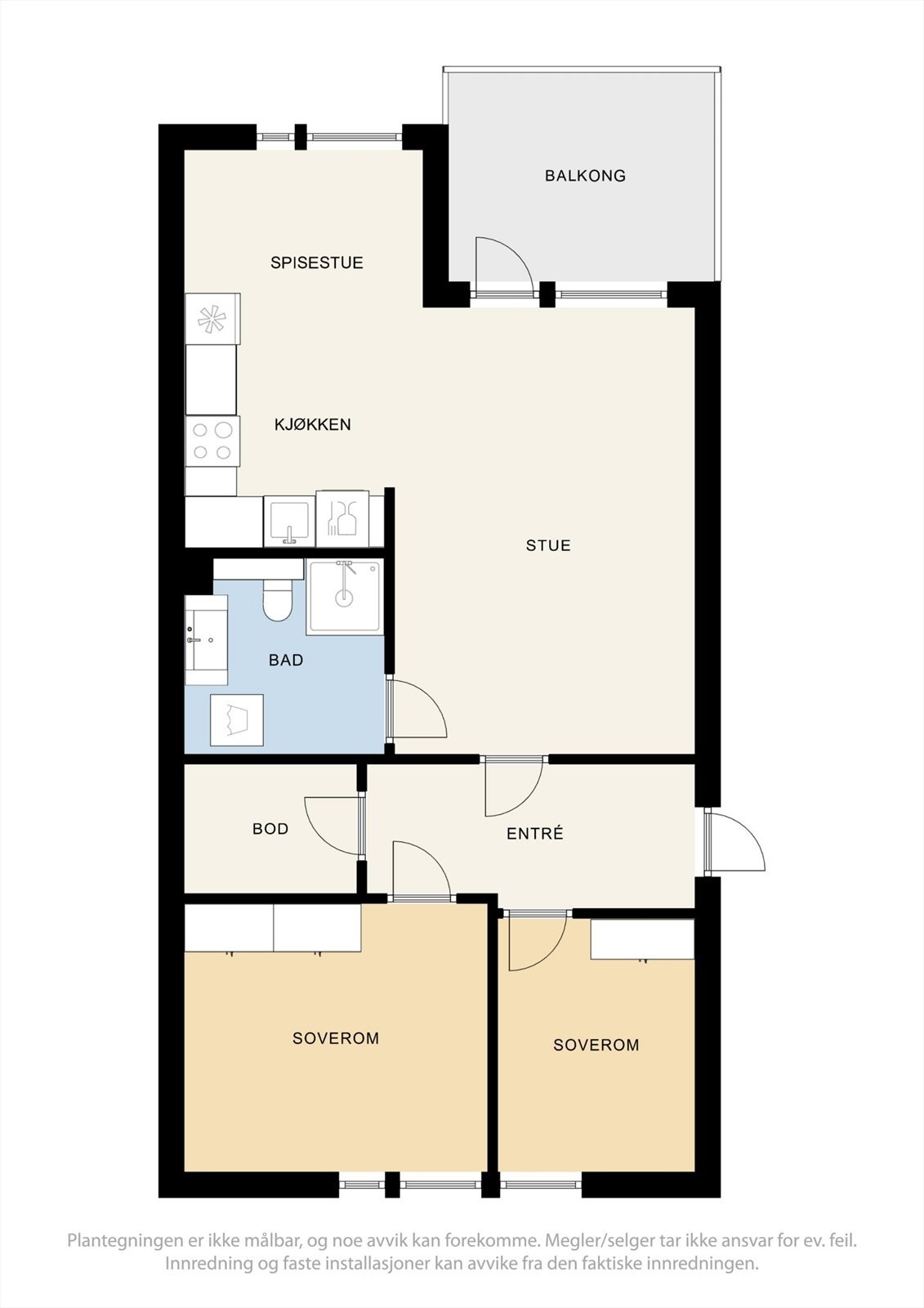 Leiligheten har en arealeffektiv planløsning på 65 m² som rommer entré, åpen stue- og kjøkkenløsning, to soverom, bad og bod. Galleribilde