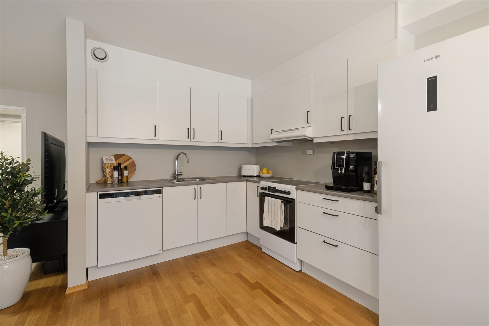 Kjøkkenet har frittstående hvitevarer som komfyr, oppvaskmaskin og kjøle-/fryseskap, samt en komfyrvakt. Galleribilde