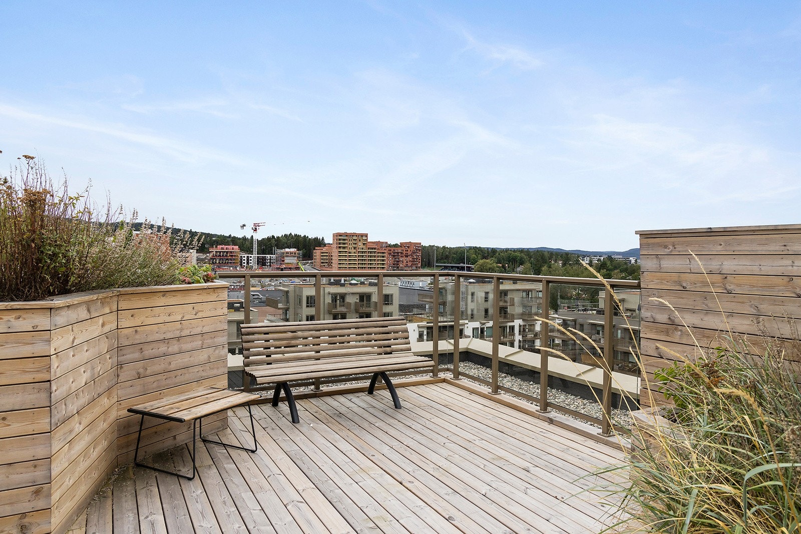 Felles takterrasse på taket til Hus E med pergola og hyggelig beplantning. Galleribilde