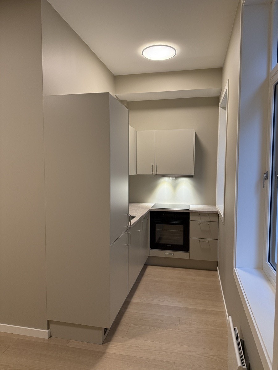 stue med moderne kjøkkenhjørne Galleribilde