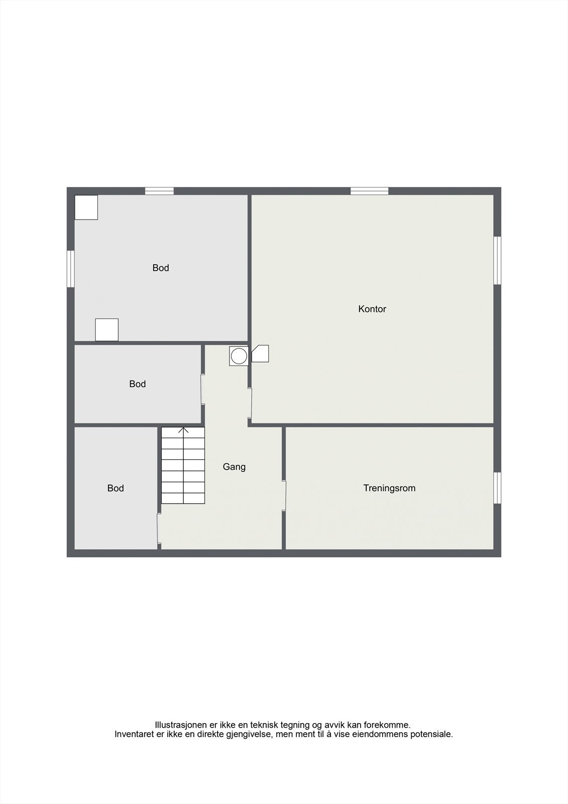 Kjelleren inneholder flere boder og disponible rom, som gir rikelig med lagringsplass og bruksmuligheter. Galleribilde