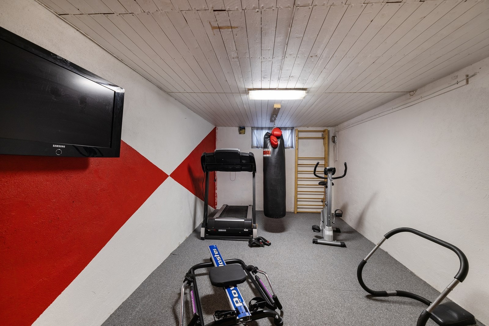 Et av rommene i kjelleren er innredet som et funksjonelt treningsrom. Galleribilde