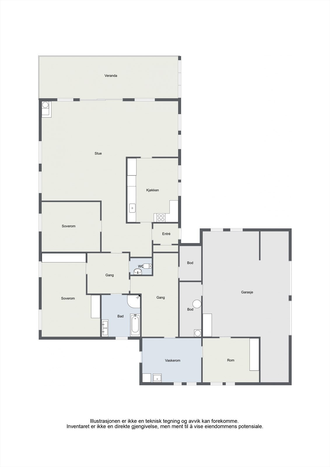 Boligen har en praktisk planløsning med alt på ett plan, inkludert to soverom og flere boder. Galleribilde