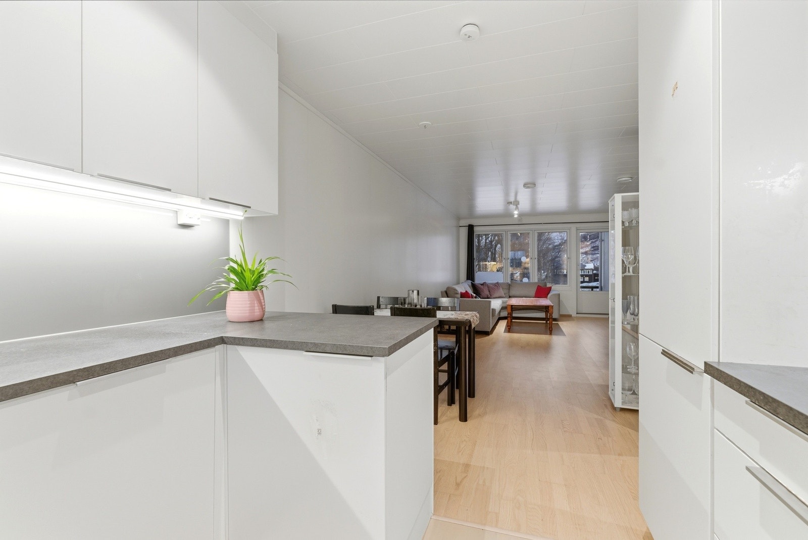 Det er utstyrt med integrerte hvitevarer som blant annet oppvaskmaskin og kjøleskap Galleribilde