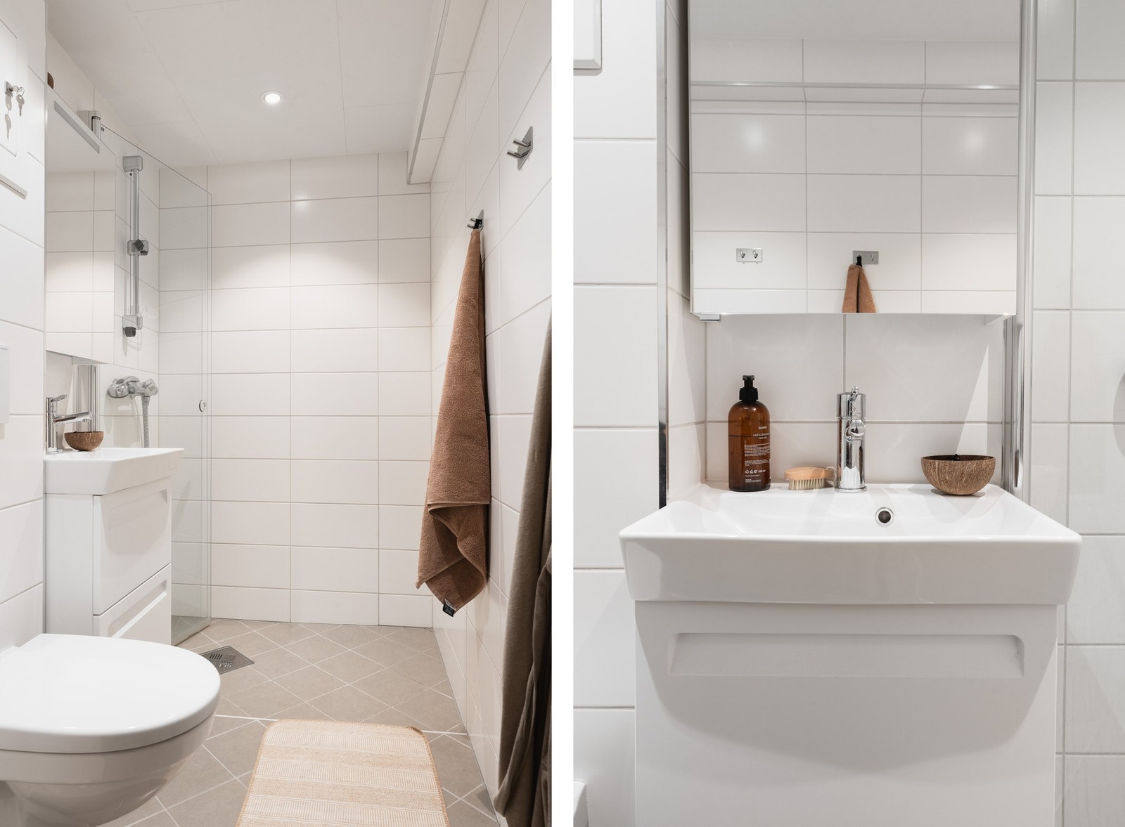 Helfliset og moderne bad fra 2015 med romslig dusj, vegghengt toalett, servant med underskap og speil. Galleribilde