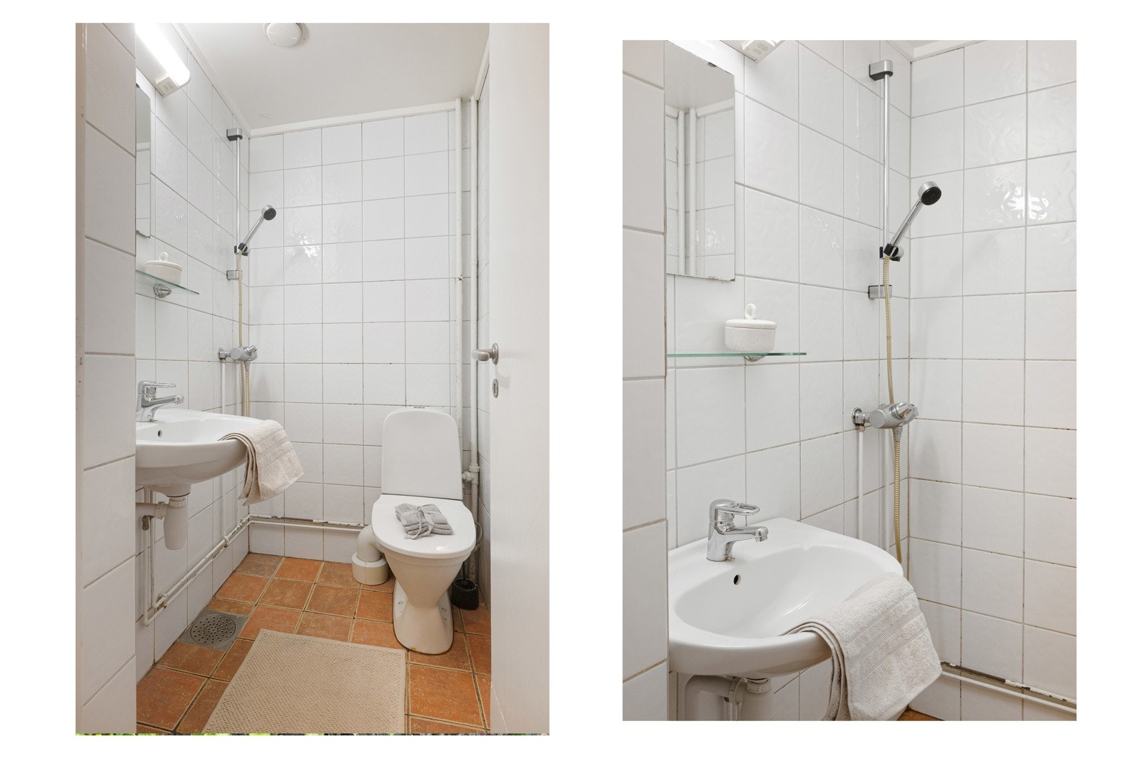 Badet har rød 20x20cm fliser på gulv. Tapet og hvite fliser på vegger. Oppgradering av bad må påregnes. Galleribilde