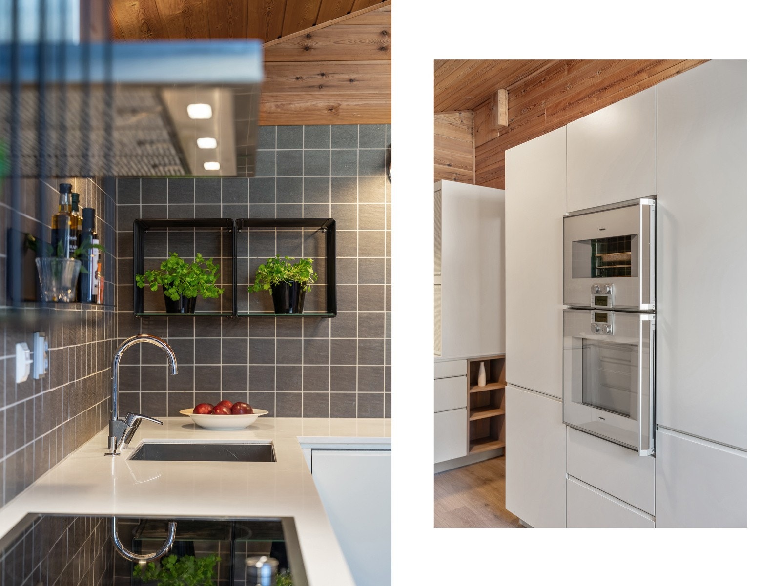 - Integrerte hvitevarer som blant annet induksjonstopp, stekeovn, dampovn, oppvaskmaskin samt kombinert kjøl/frys. Stekeovn og dampovn er fra Gaggenau - Galleribilde