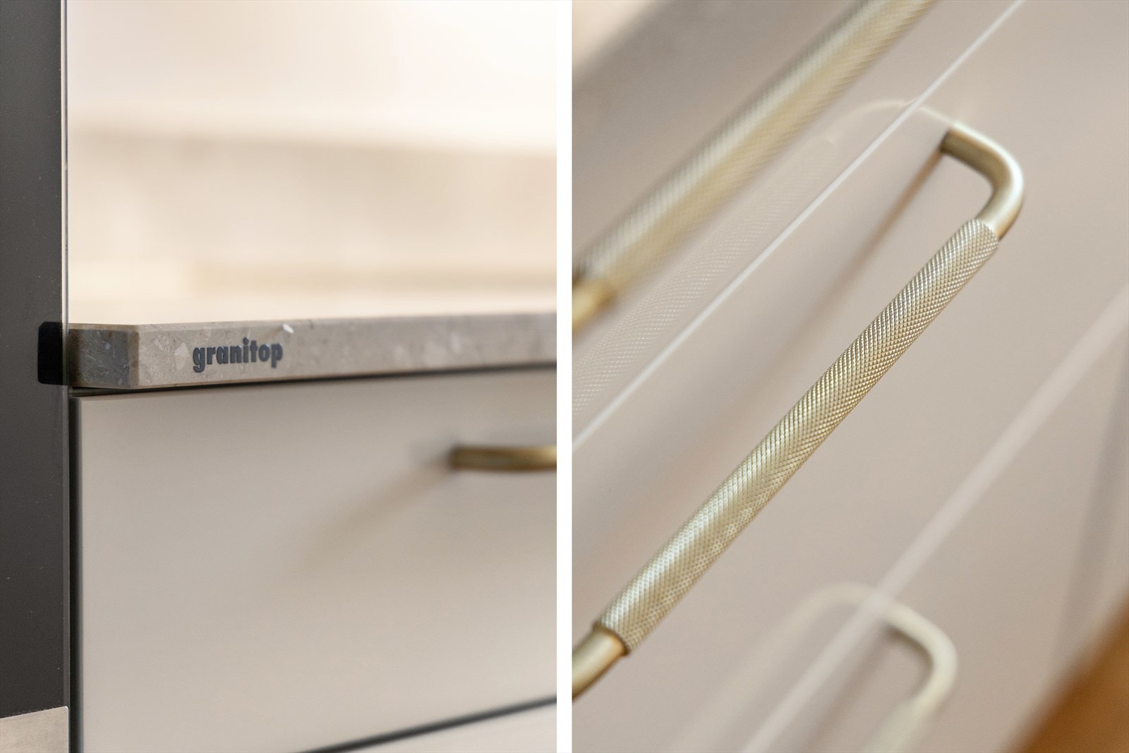 Kjøkkenet har delikate farge- og materialvalg. Galleribilde