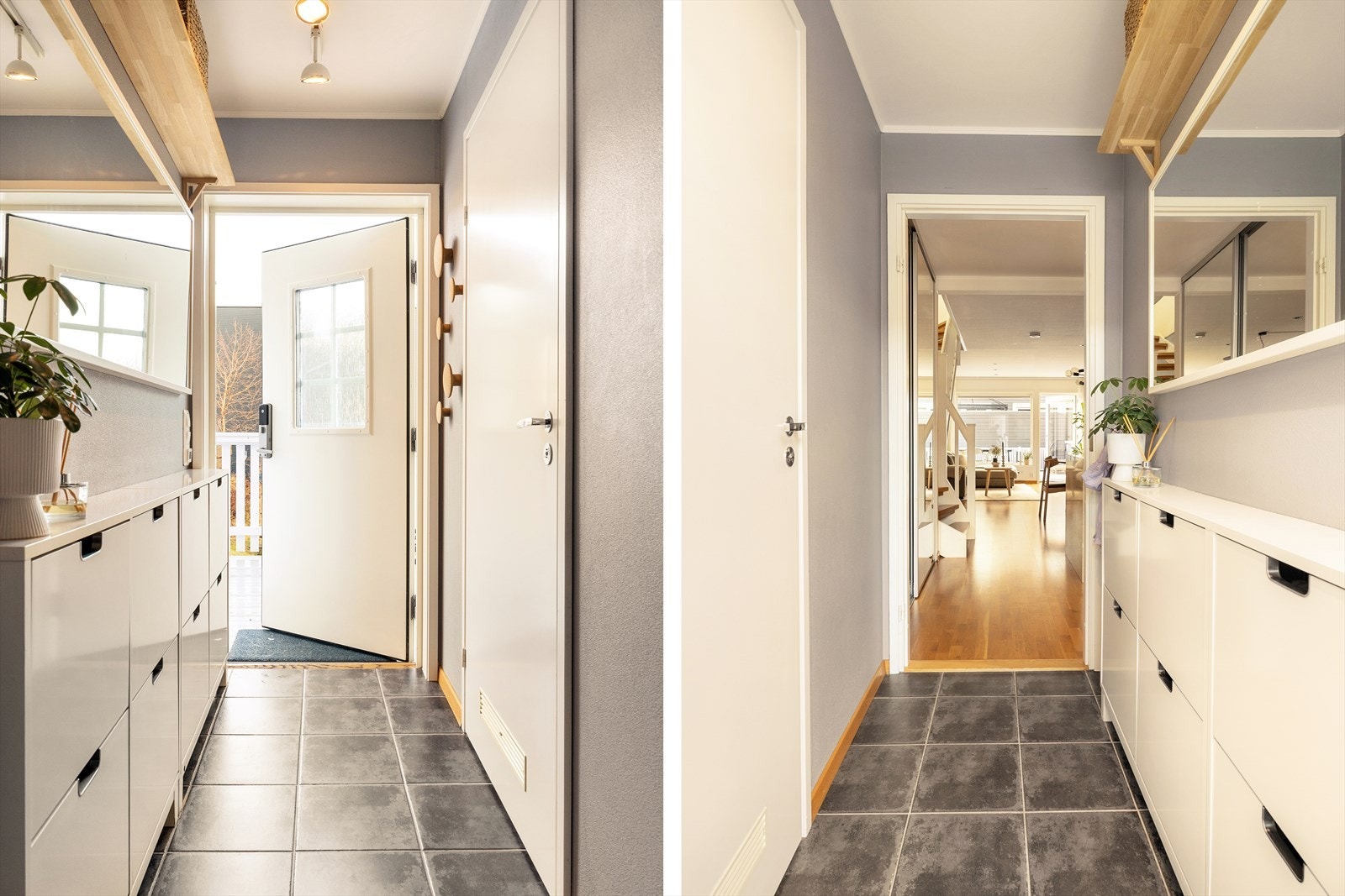 Flislagt entré med gulvvarme, i entrè er det plass til oppbevaring av sko og yttertøy. Yale Doorman medfølger. Galleribilde