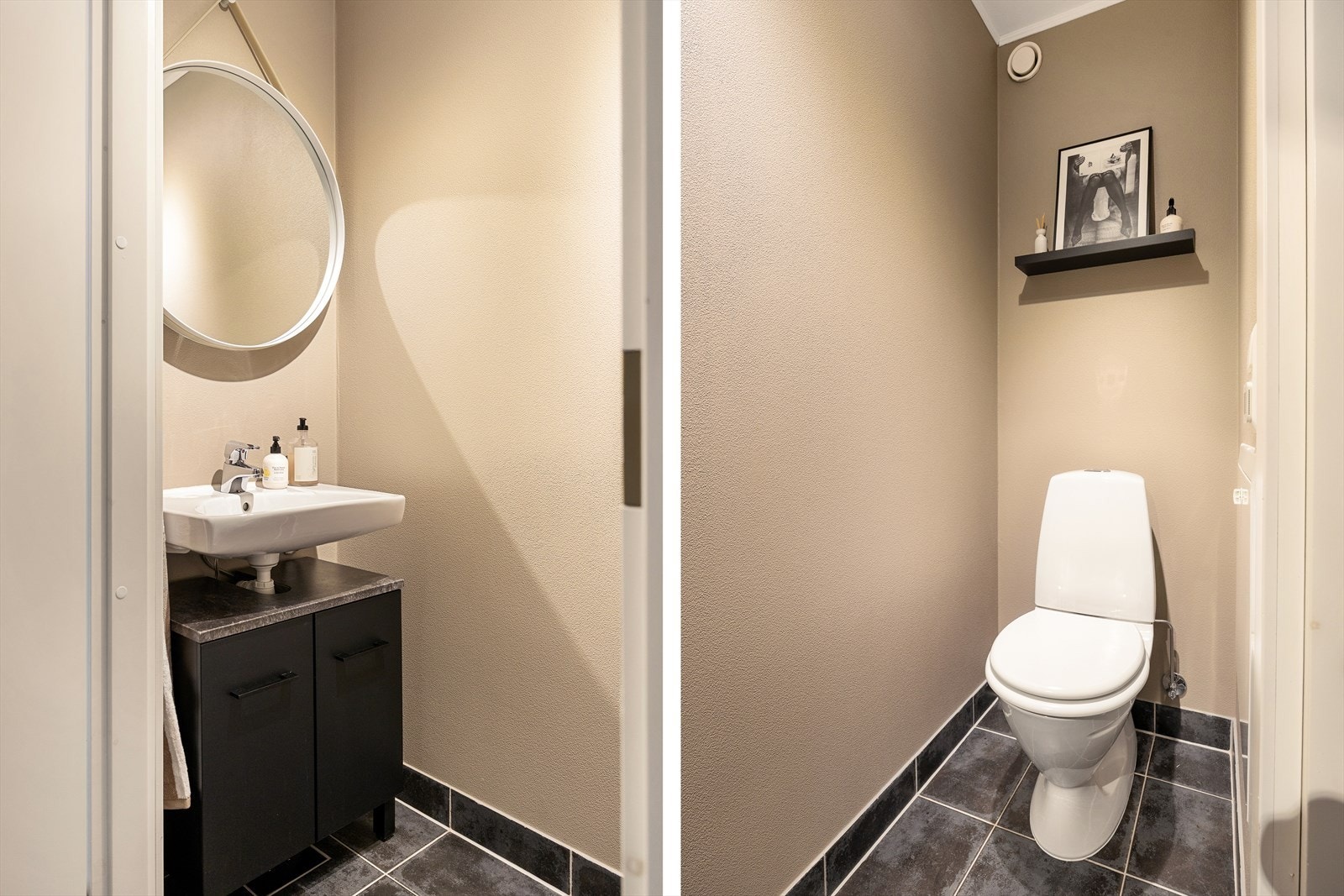 Pent toalettrom med fliser og varmekabler på gulv malte veggflater og malt himling. Galleribilde