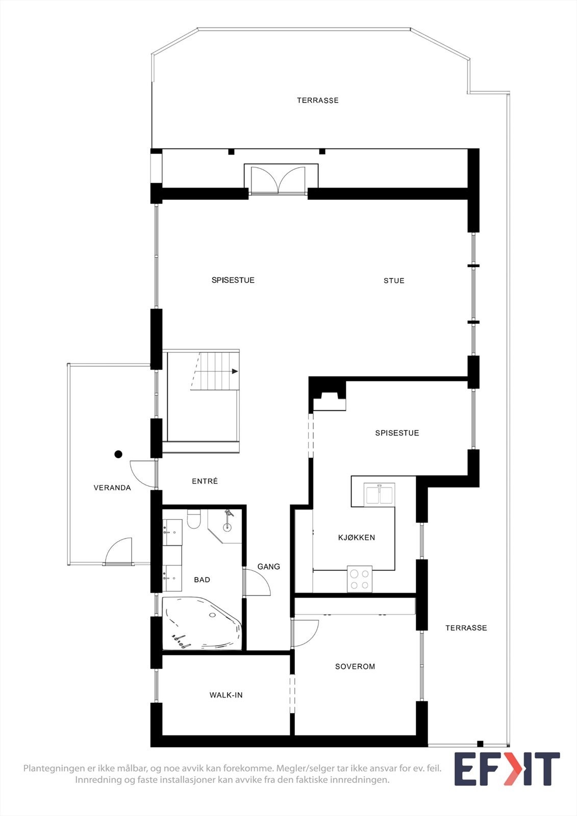 Hovedetasjen rommer stue, kjøkken, ett soverom med omkledningsrom og et bad. Galleribilde