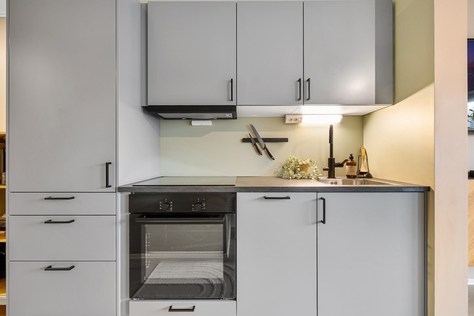 Praktisk kjøkken med mekanisk avtrekk over stekesone. Kjøkkenet har fått TG0 i takstrapport. Galleribilde