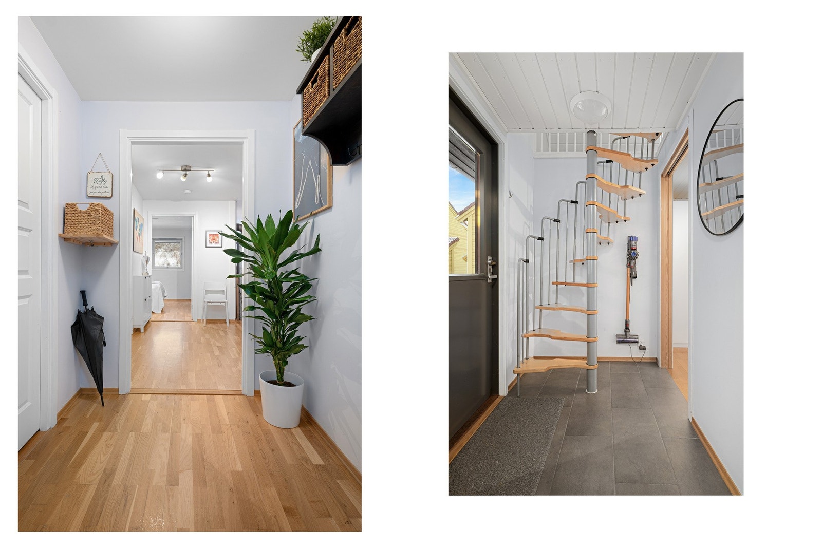 Entréen har flislagt gulv med varmekabler. Trappen leder opp til hems. Galleribilde