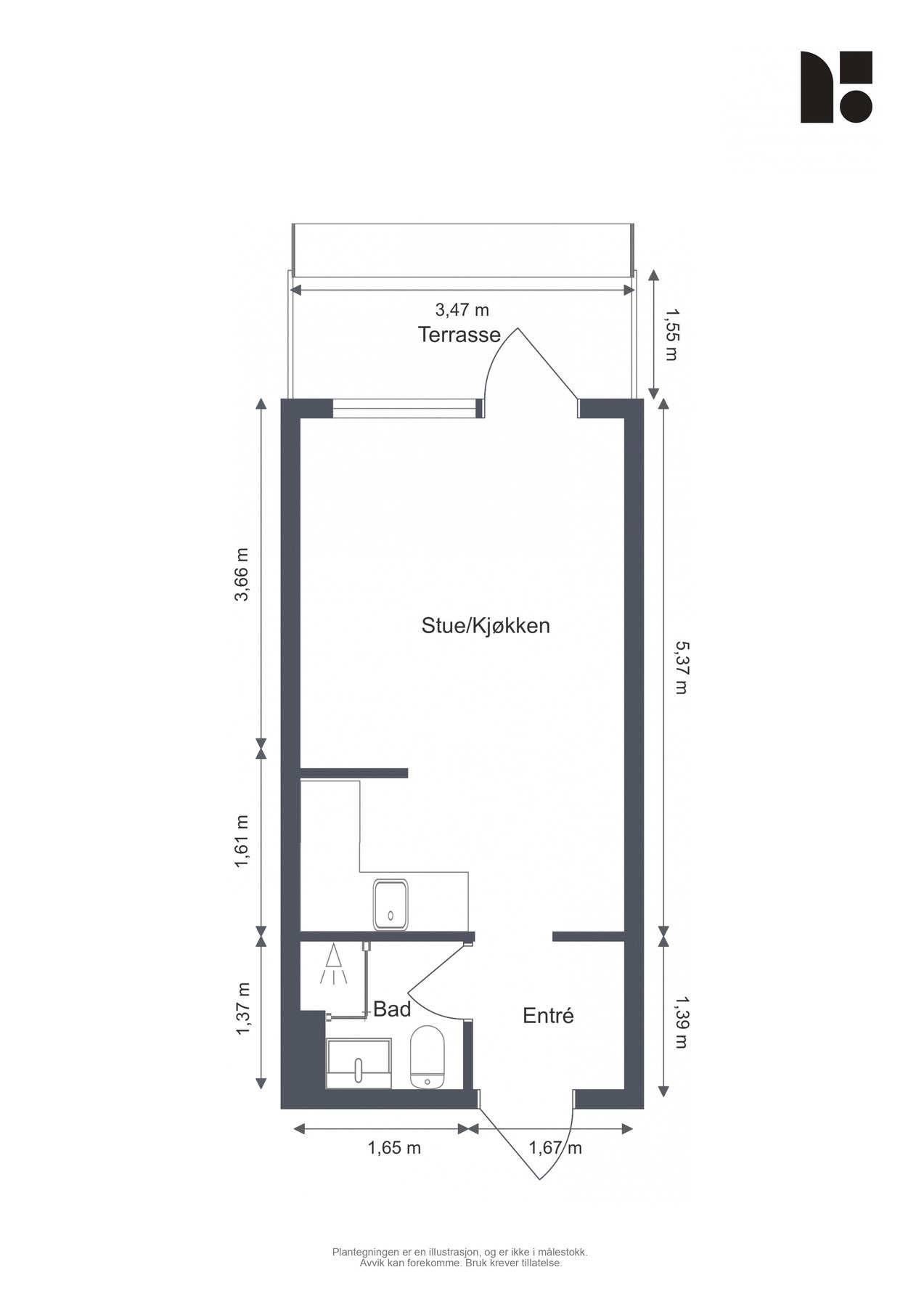 Arealet er effektivt utnyttet med entré, bad og åpen stue og kjøkken fordelt på 23 kvm. Galleribilde