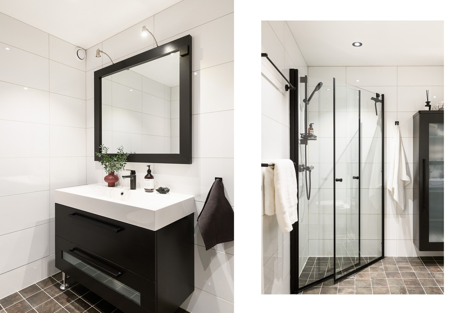 Dusjhjørne med oppgraderte dusjdører fra 2024 gir rommet et oppdatert uttrykk. Galleribilde