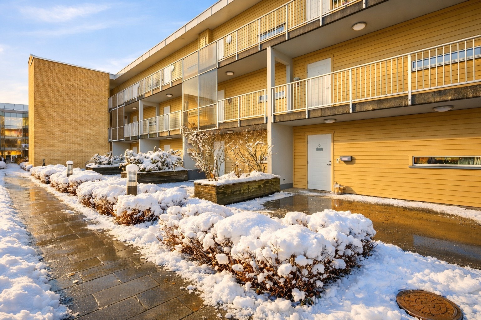 Stort inngangsparti med plass til et cafesett mot sommeren. Galleribilde