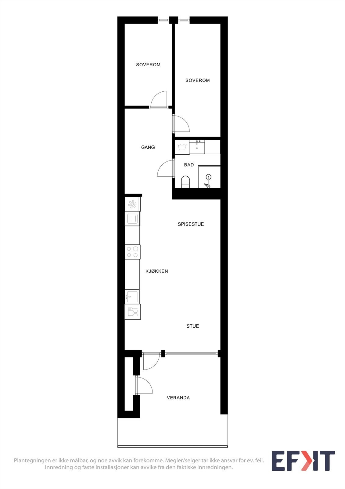 Leiligheten har en arealeffektiv planløsning på 53 m² med to soverom og åpen stue/kjøkken-løsning. Galleribilde