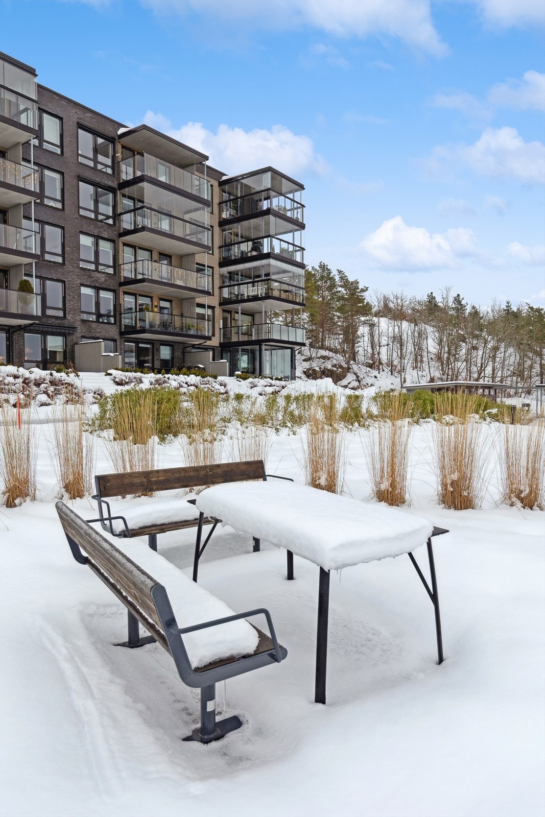 Lekkert uteområde med gangstier, beplantning og et gjennomført helhetsinntrykk. Galleribilde