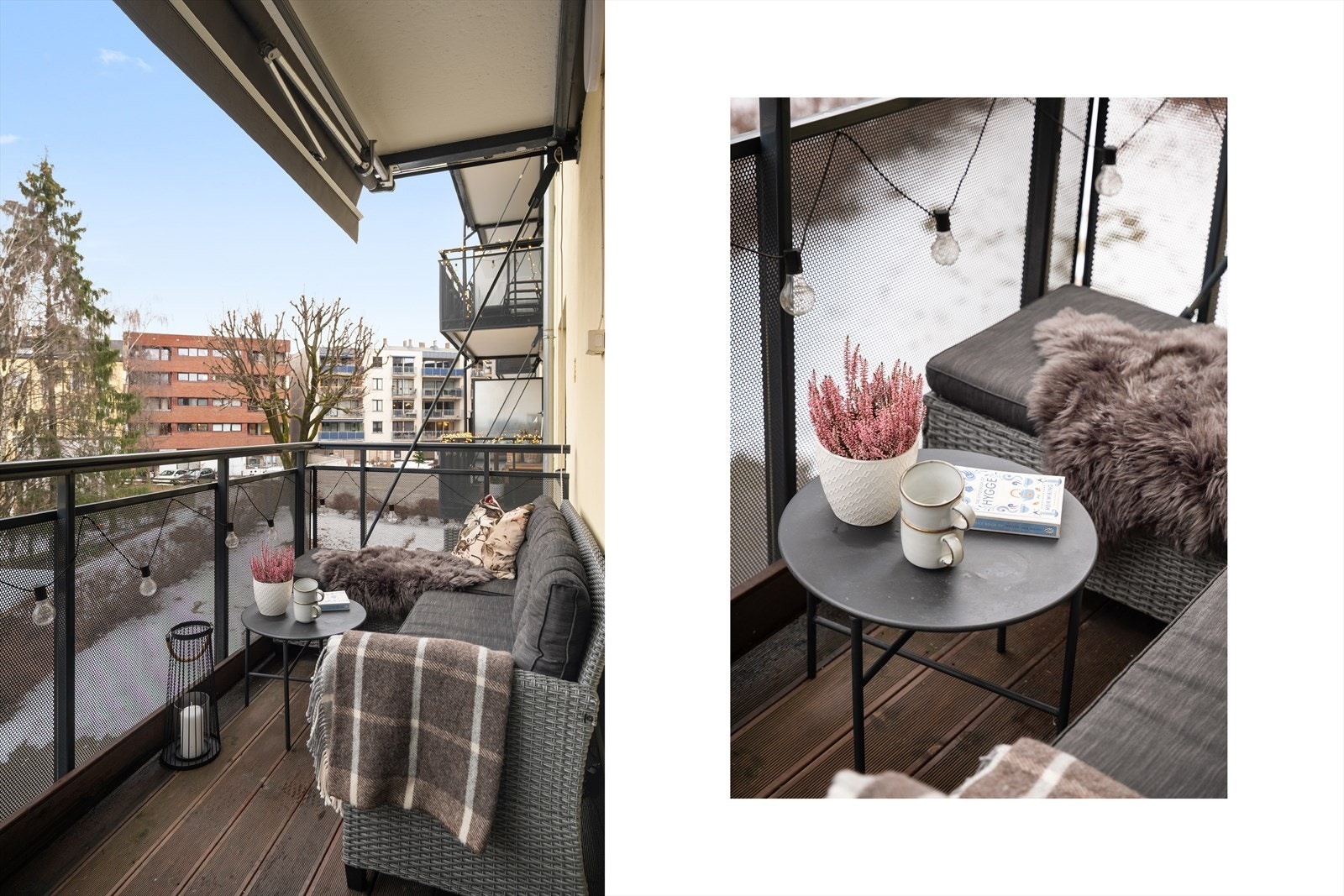 Det er montert markise som gir svalende skygge når solen står på, og gjør balkongen ekstra anvendelig også på varme dager. Galleribilde