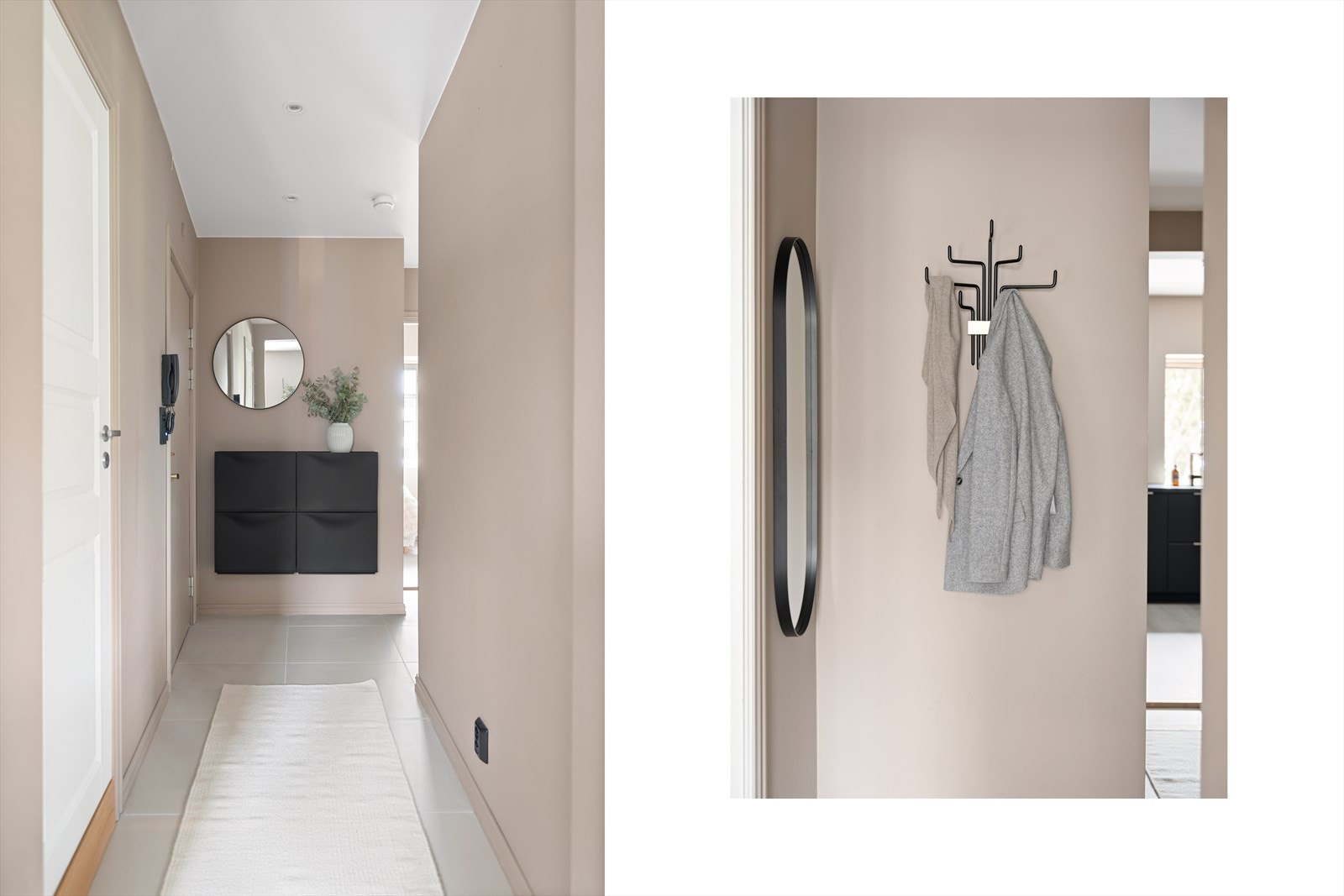 En lys og innbydende entré med plass til oppbevaring av yttertøy og sko. Galleribilde