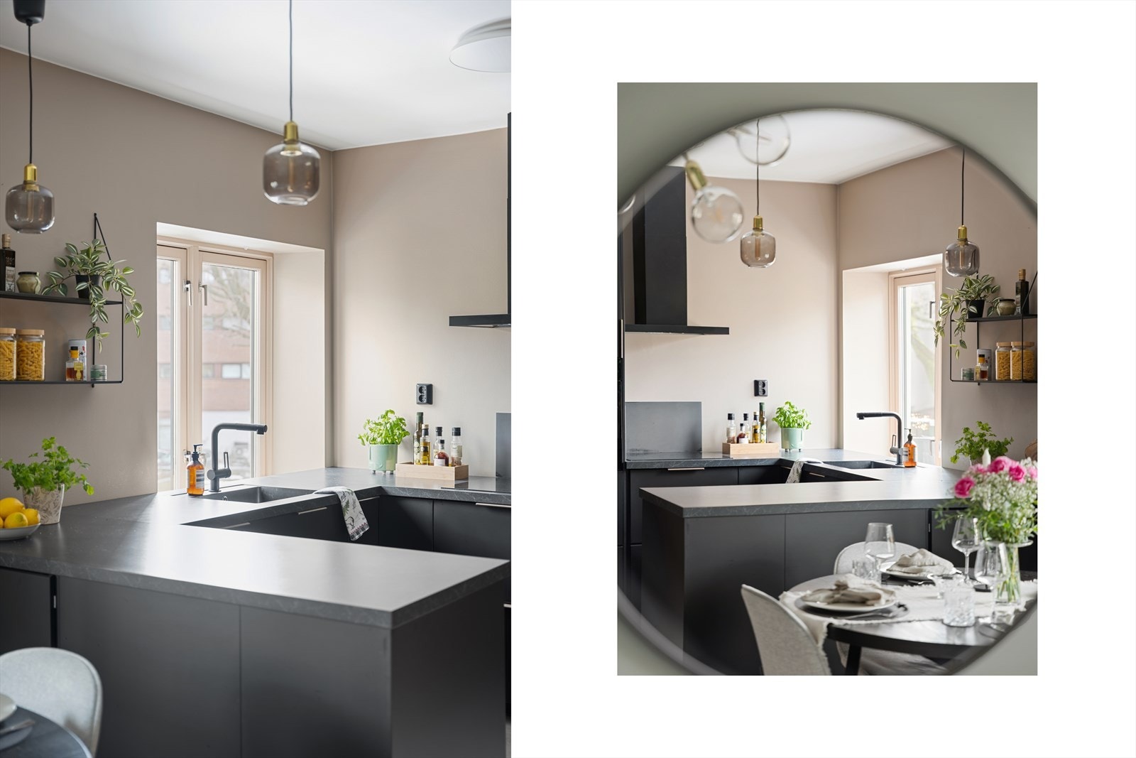 Hjertet i leiligheten er den åpne og sosiale stue-/kjøkkenløsningen som ble etablert i 2019, med ny innredning og integrerte hvitevarer. Galleribilde