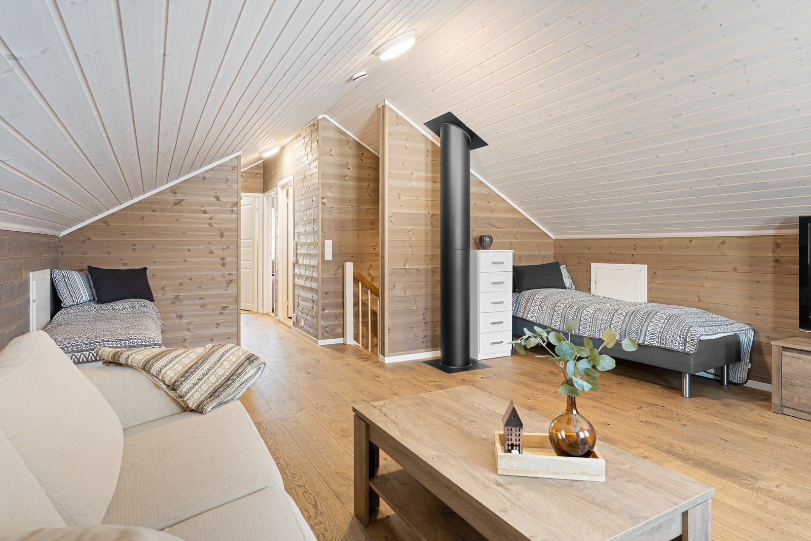 Loftstuen har plass til sofagruppe, TV og ekstra senger. Galleribilde