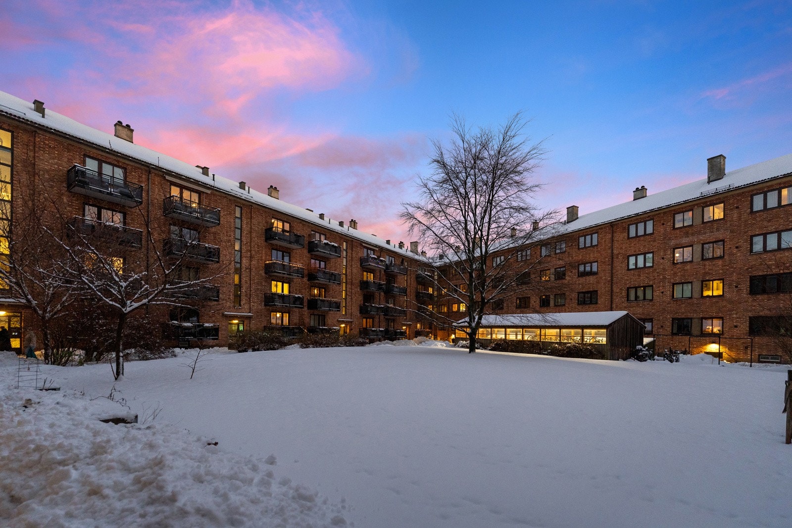Hyggelige fellesarealer med stor gressplen, pen beplantning og sittebenker. Felles sykkelparkering under tak. Galleribilde