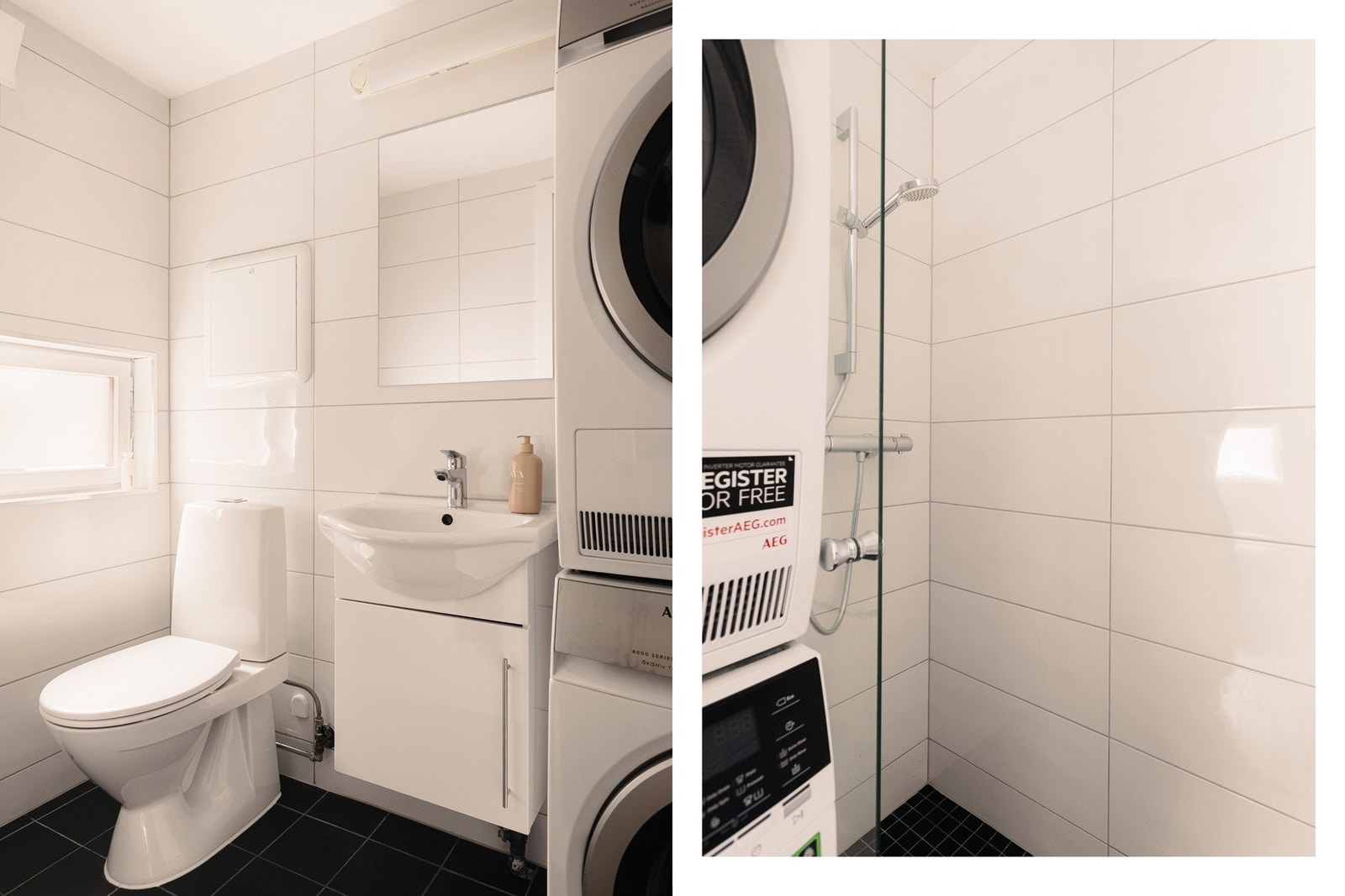 Baderommet i første etasje er utstyrt med vegghengt servantinnredning med heldekkende servant og ett-greps armatur, speil på vegg med overlys samt stikkontakt over servant, dusjhjørne med glassdør og to-greps armatur og gulvstående toalett. Det er opplegg Galleribilde