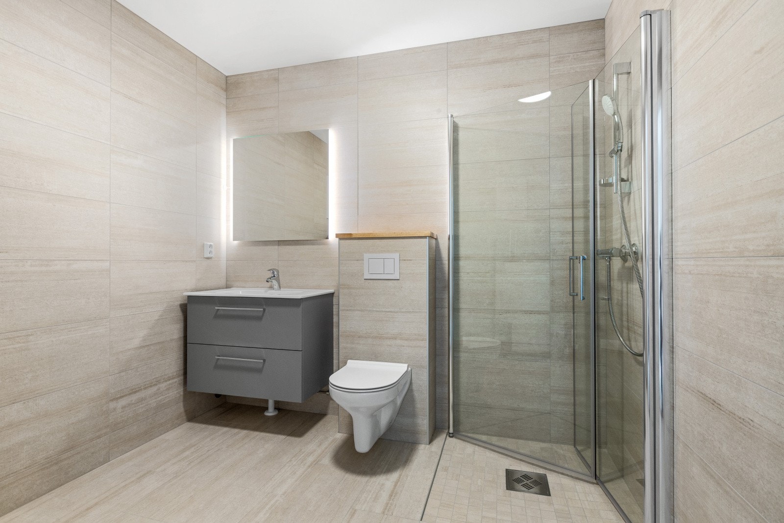 Lekkert flislagt bad/wc/vaskerom med varmekabler i gulv Galleribilde