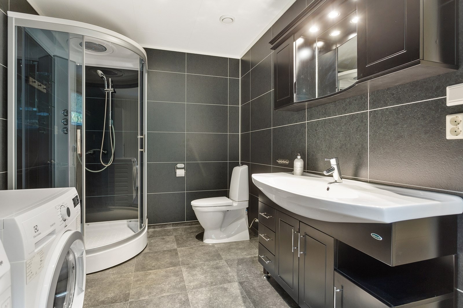 Dusjkabinett og opplegg for vaskemaskin gir praktisk funksjonalitet. Galleribilde