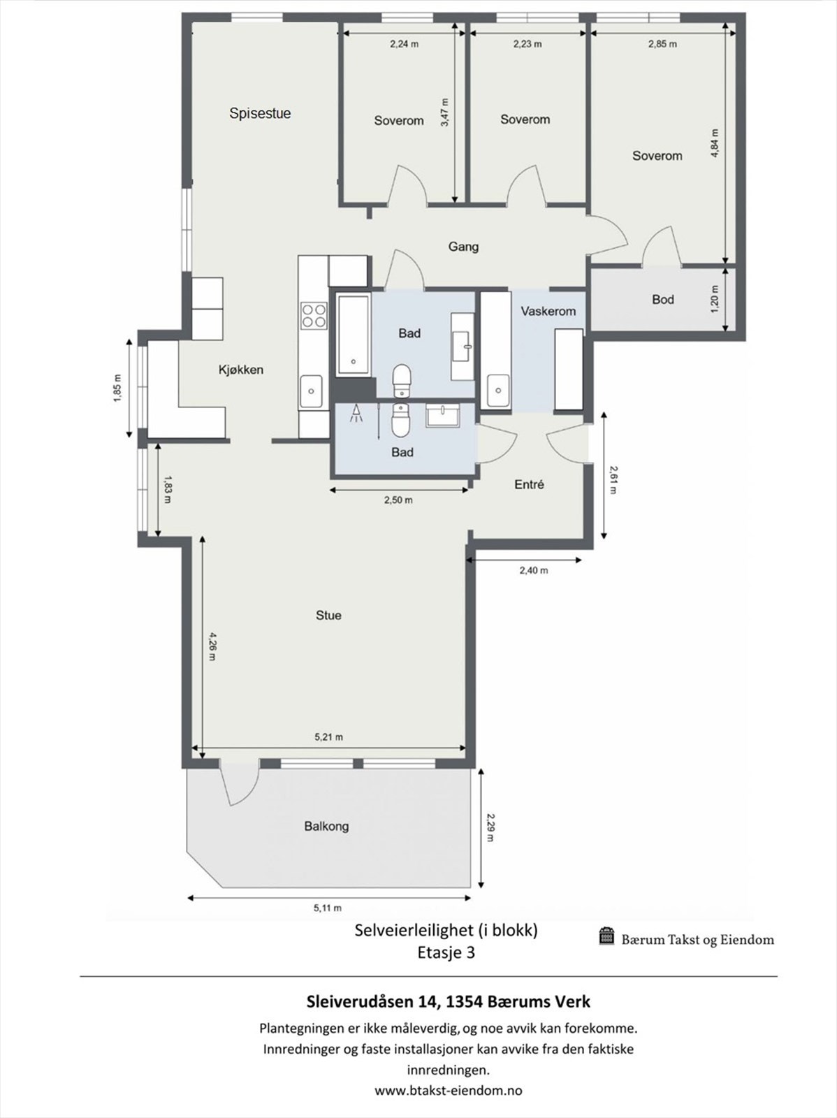 Plantegningen viser en innholdsrik leilighet på hele 119 m² med tre soverom, to bad og god lagringsplass. Galleribilde