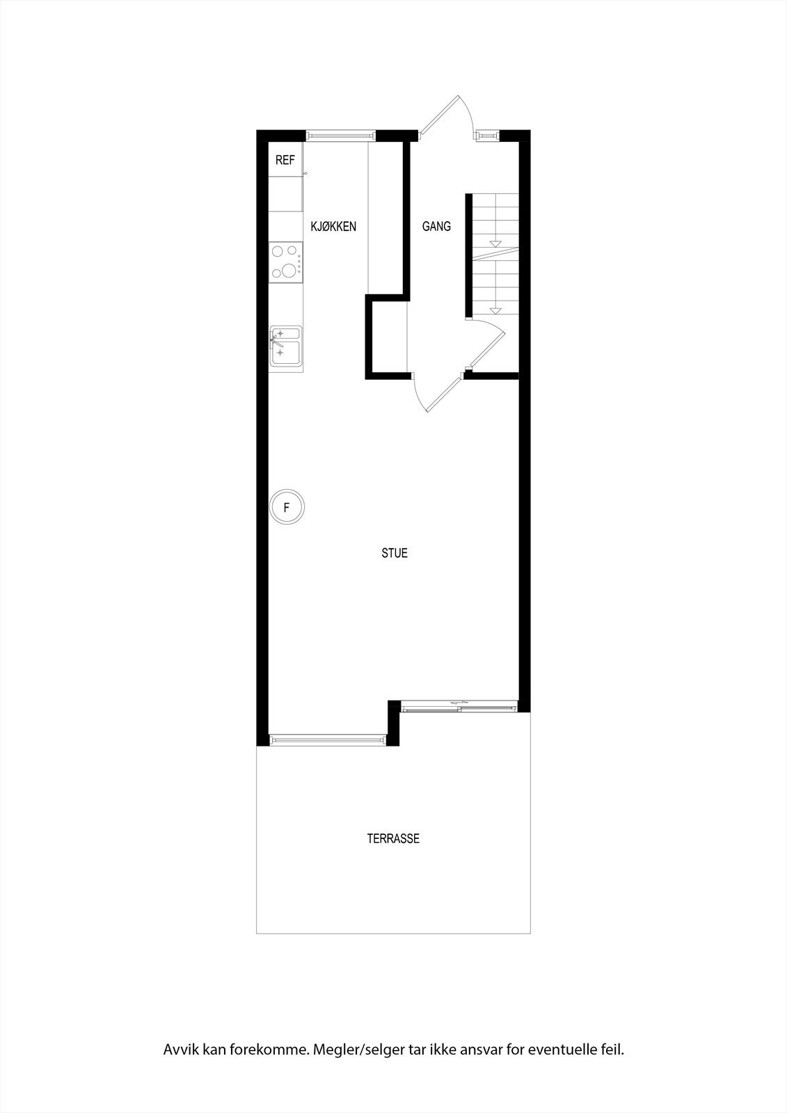 1. et.: Entré/trapperom, trapperom til kjeller, stue/kjøkken m/utgang til terrasse/hage. Galleribilde