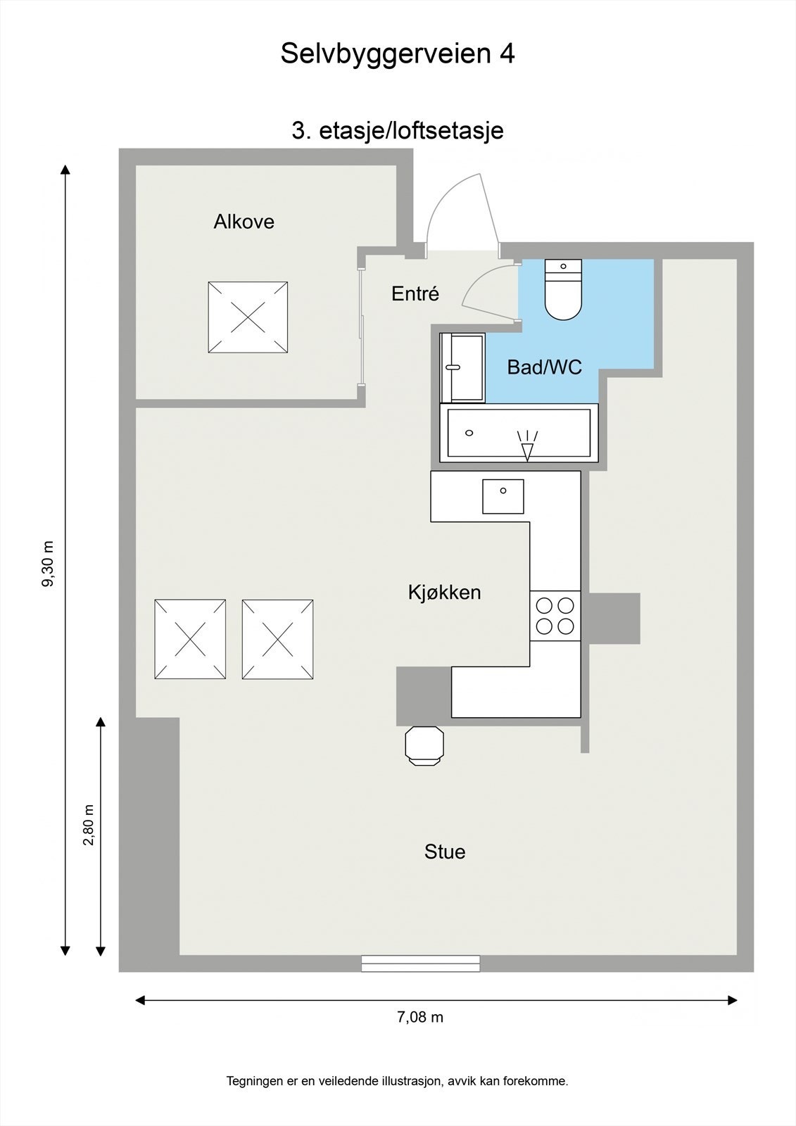 Leiligheten inneholder entré, bad/wc, sovealkove, kjøkken og stue. I tillegg tilhører det en bod i kjeller. Galleribilde
