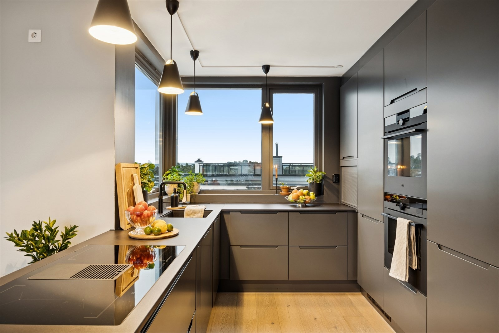 Meget innbydende HTH-kjøkken med ventilator med kullfilter og integrerte hvitevarer fra AEG, kjøl/frys, to komfyrer, induksjonstopp og oppvaskmaskin Galleribilde