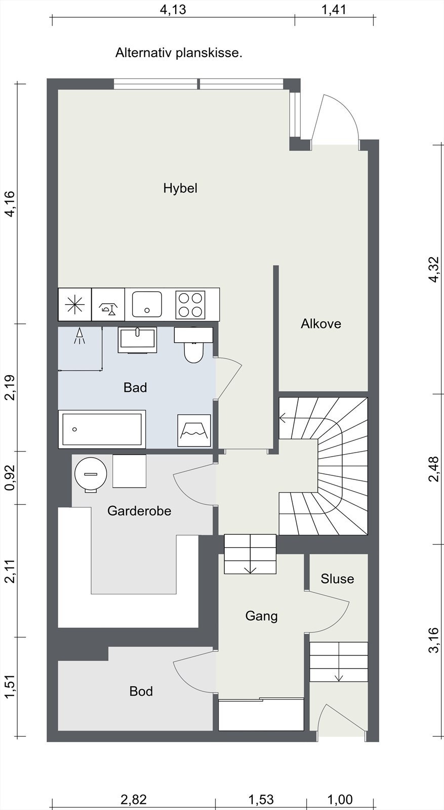 Plantegning fra takstmann. Alternativ/inspirasjon om endring til en praktikantdel i underetasjen. NB! Dette er ikke søkt om eller godkjent. Kjøper bærer selv risikoen for eventuell godkjenning. Galleribilde