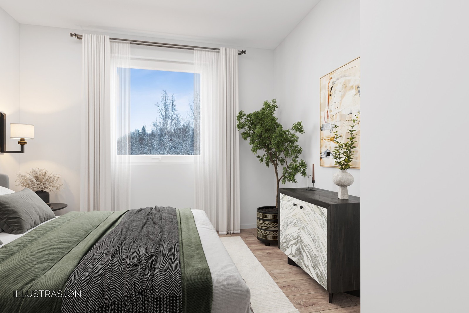 Soverom er digitalt møblert og pusset opp. Foto: EFKT. Galleribilde