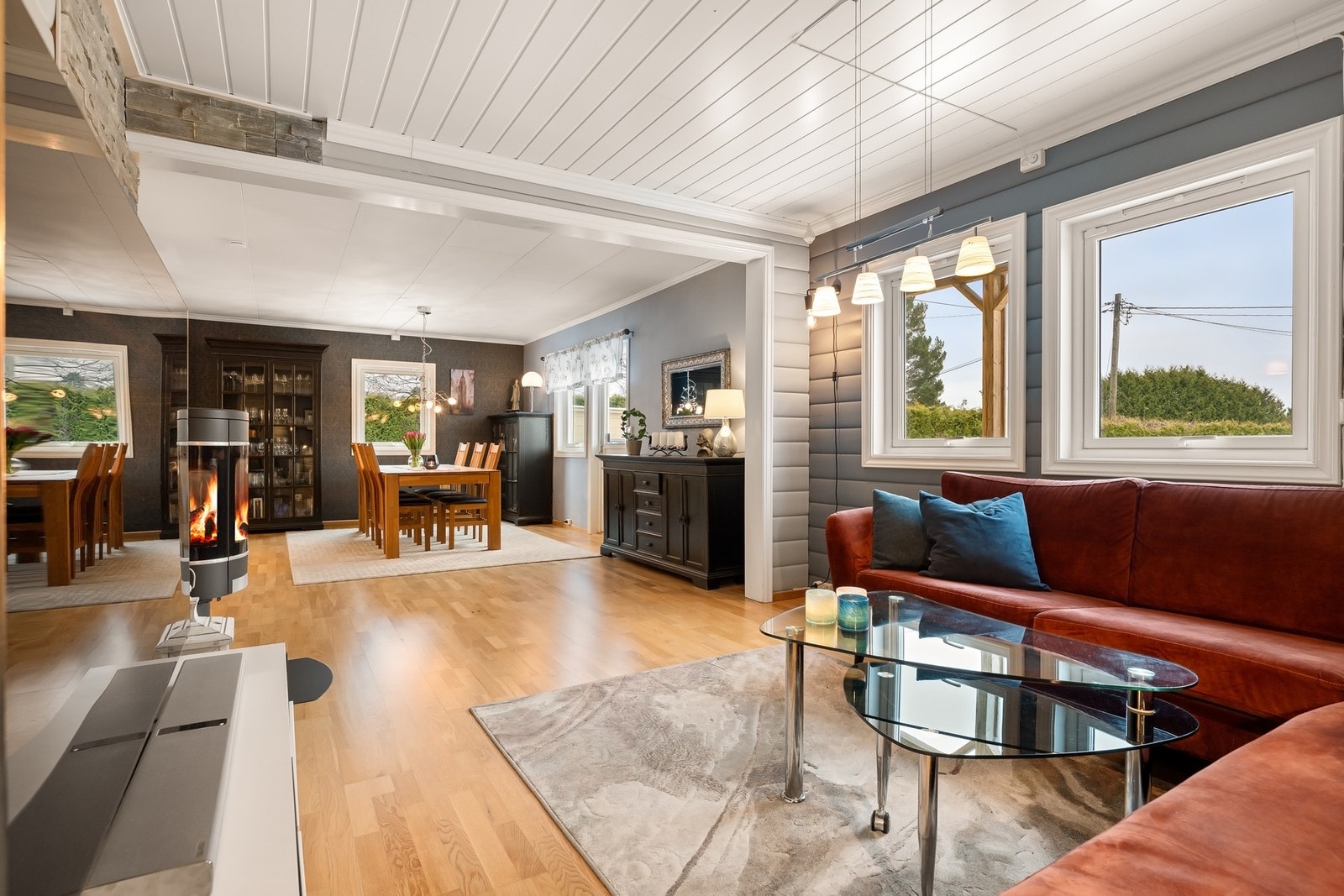 Romslige oppholdsrom med naturlige soner Galleribilde